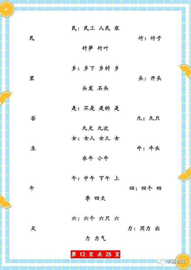 一年级上册语文：拼音、生字组词、反义词、多音字、短语、造句等