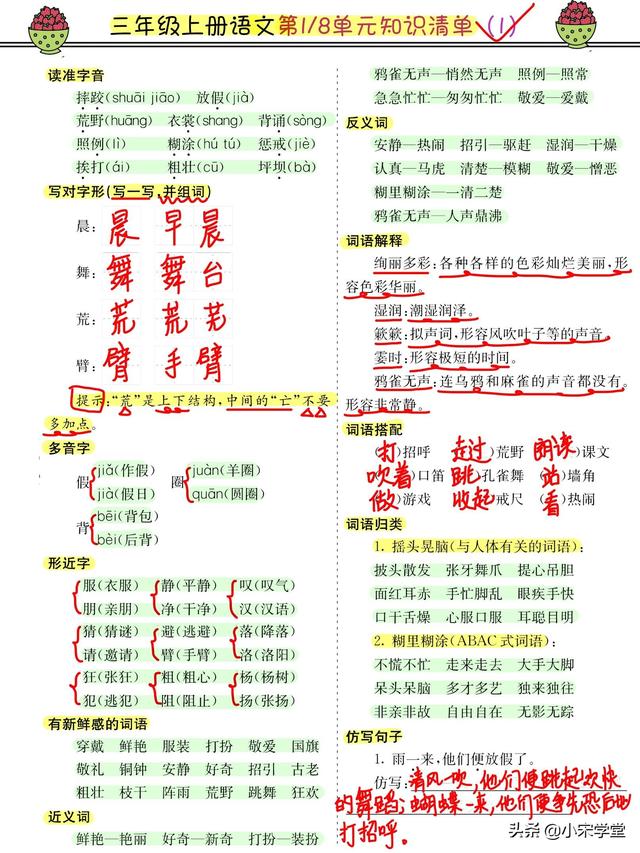 三年级上语文考点整整16页浓缩版，同步单元可练习，满分就背它