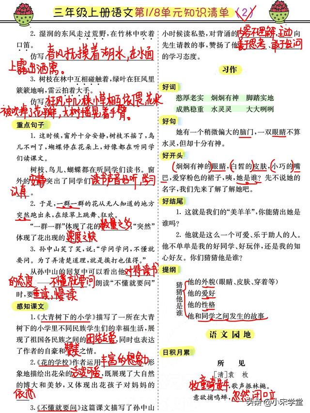 三年级上语文考点整整16页浓缩版，同步单元可练习，满分就背它