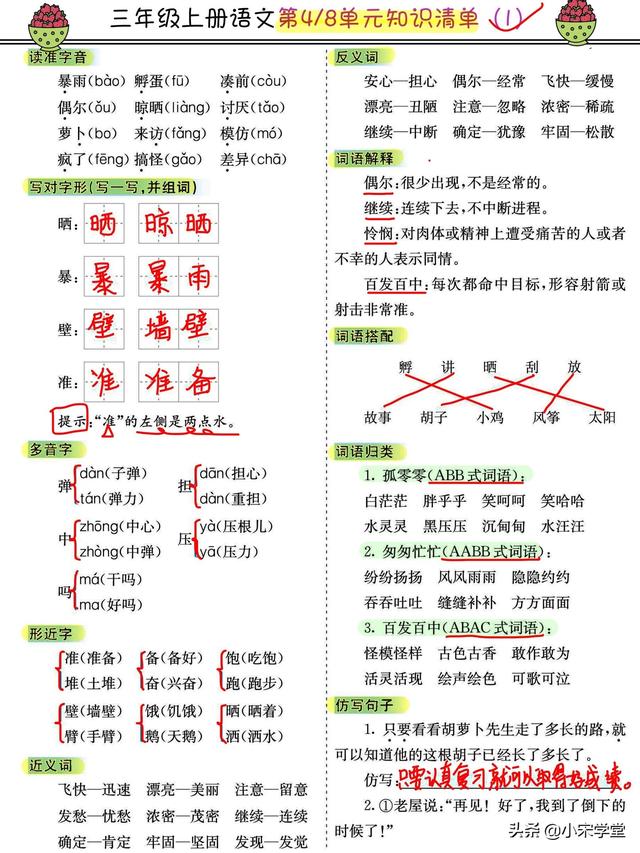 三年级上语文考点整整16页浓缩版，同步单元可练习，满分就背它