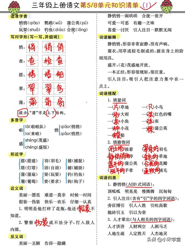 三年级上语文考点整整16页浓缩版，同步单元可练习，满分就背它