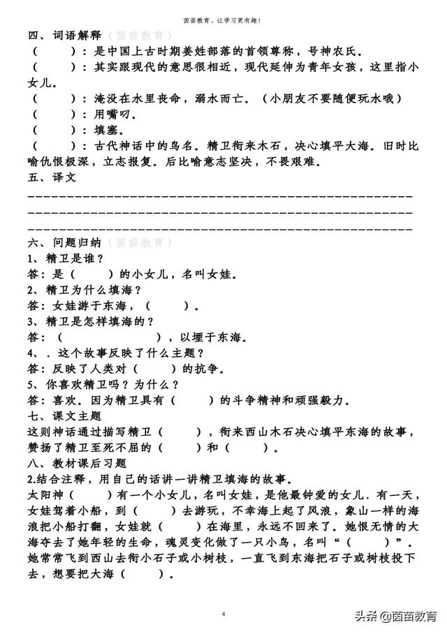 四年级上册第四单元知识梳理填空练习，附答案